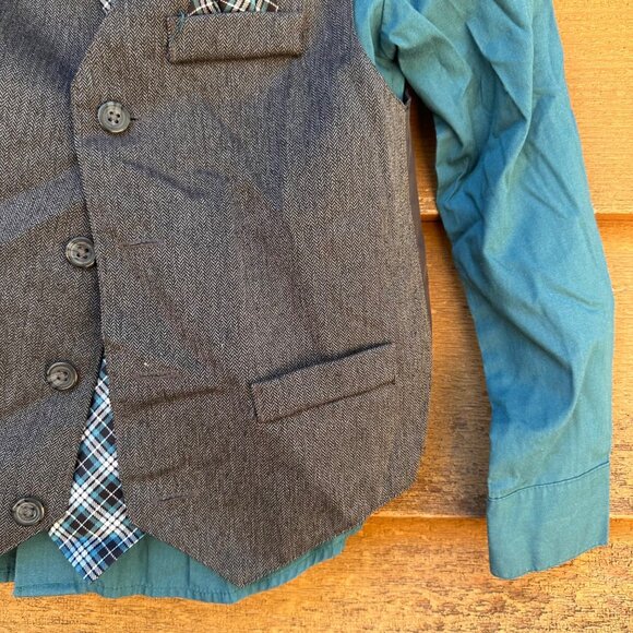 Dockers Boys Blue Shirt Gray Vest & Plaid Clip-On Tie Size 7 - Picture 6 of 11